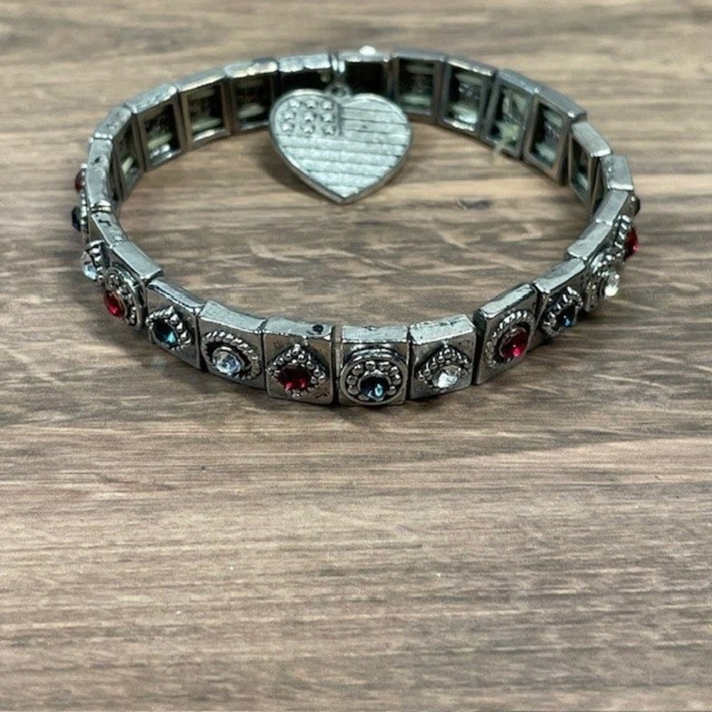 Patriotic Heart Flag Charm Stretch Bracelet Silver Tone Red Blue Clear Gems